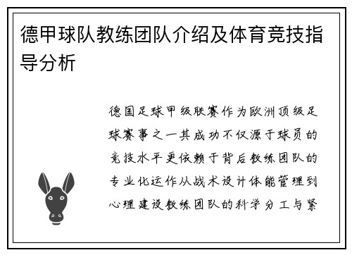 德甲球队教练团队介绍及体育竞技指导分析