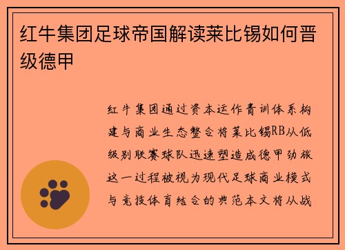 红牛集团足球帝国解读莱比锡如何晋级德甲
